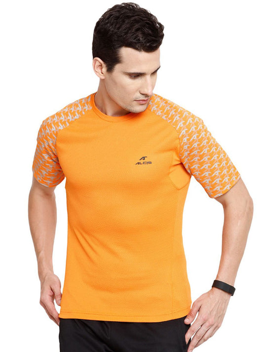Alcis Men Orange Solid Round Neck T-shirt 501MTE356-S