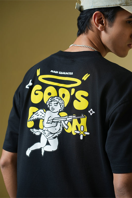 God's Plan Printed Round Neck Oversized Black T-Shirt Main Character