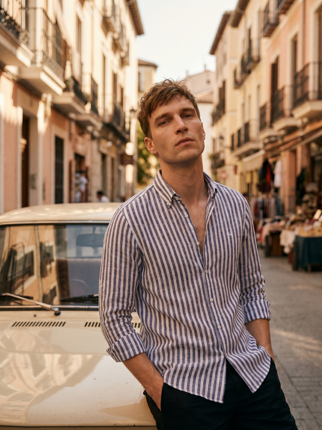 Regular Fit Purple Linen Striped Casual Shirt for Men (LUCID)