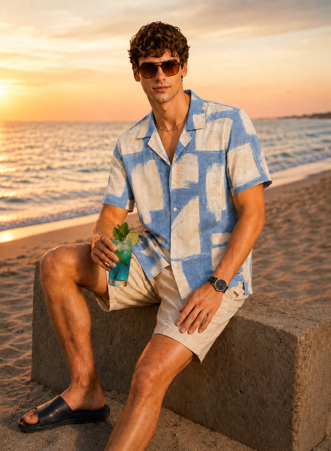 Adro Sky Grid Relaxed Fit Cuban Collar Cotton Nylon Abstract Printed Shirt