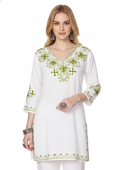 Embroidered Chikankari Kurti for Women - White Green