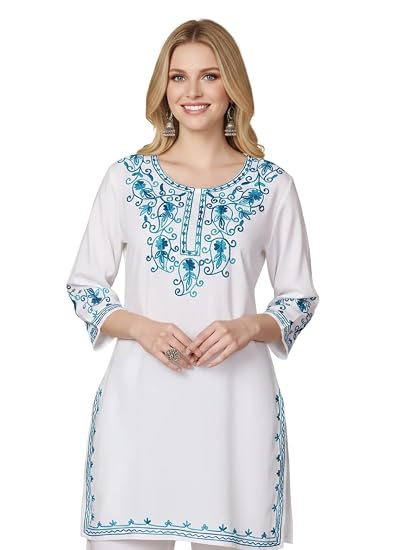 Embroidered Chikankari Kurti for Women - White Blue