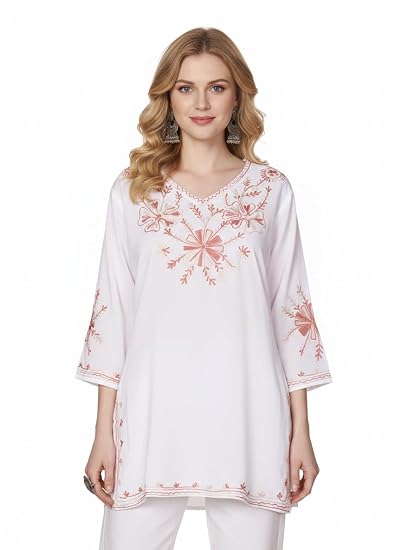 Embroidered Chikankari Kurti for Women - White Red