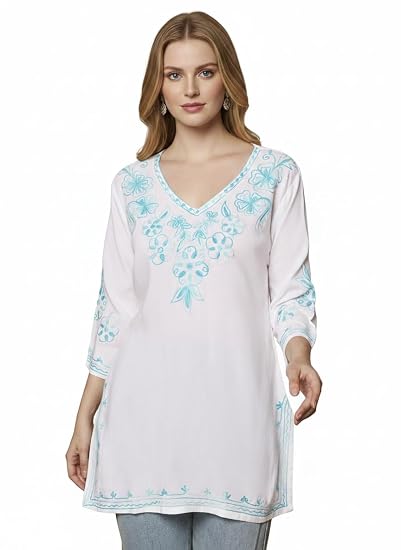 Embroidered Chikankari Kurti for Women - White Sky-Blue