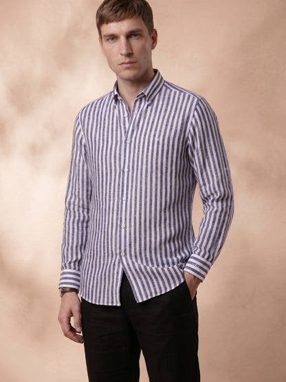 Regular Fit Purple Linen Striped Casual Shirt for Men (LUCID)