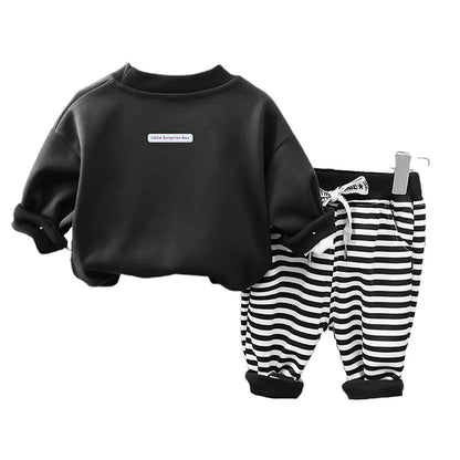 2Pcs Set Black Stripes Doggy Eye Patch Track Suit Set For Toddler And Kids