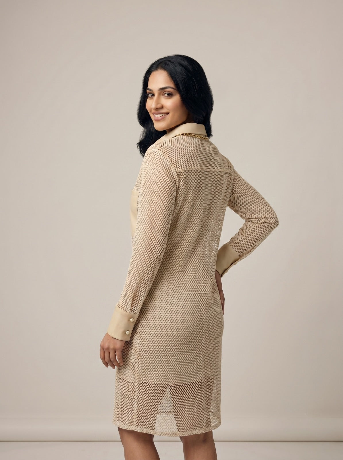 Women’s Beige Sheer Mesh Shirt Dress with Faux Leather Details