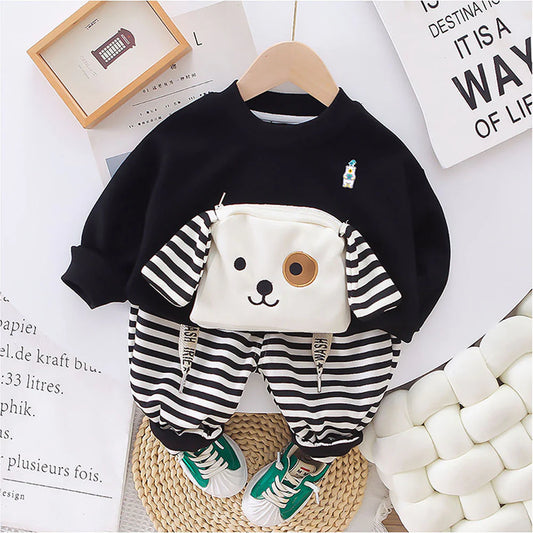 2Pcs Set Black Stripes Doggy Eye Patch Track Suit Set For Toddler And Kids