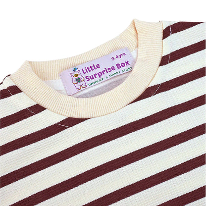 2 Pcs Set Brown Striped 3D Fluffy Dino Tummy Sweat Shirt And Pants Set For Toddler And Kids