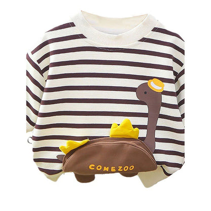 2 Pcs Set Brown Striped 3D Fluffy Dino Tummy Sweat Shirt And Pants Set For Toddler And Kids