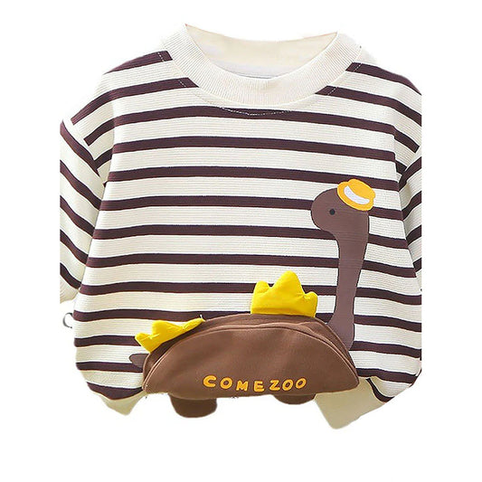 2 Pcs Set Brown Striped 3D Fluffy Dino Tummy Sweat Shirt And Pants Set For Toddler And Kids