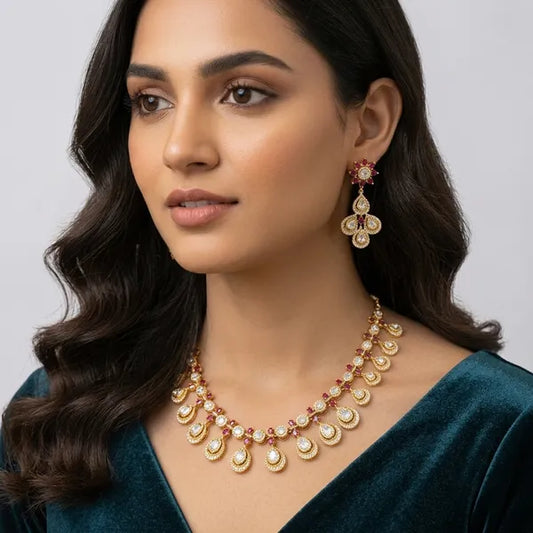 Gold And Ruby Red Kundan Polki Necklace And Earring Set For Women
