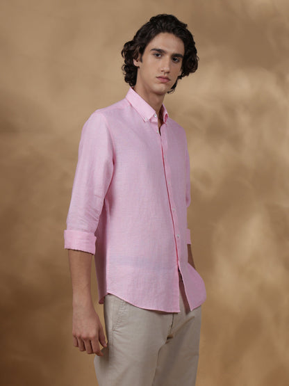 Pink Regular Fit Casual Linen Shirt for men (JEMIO)