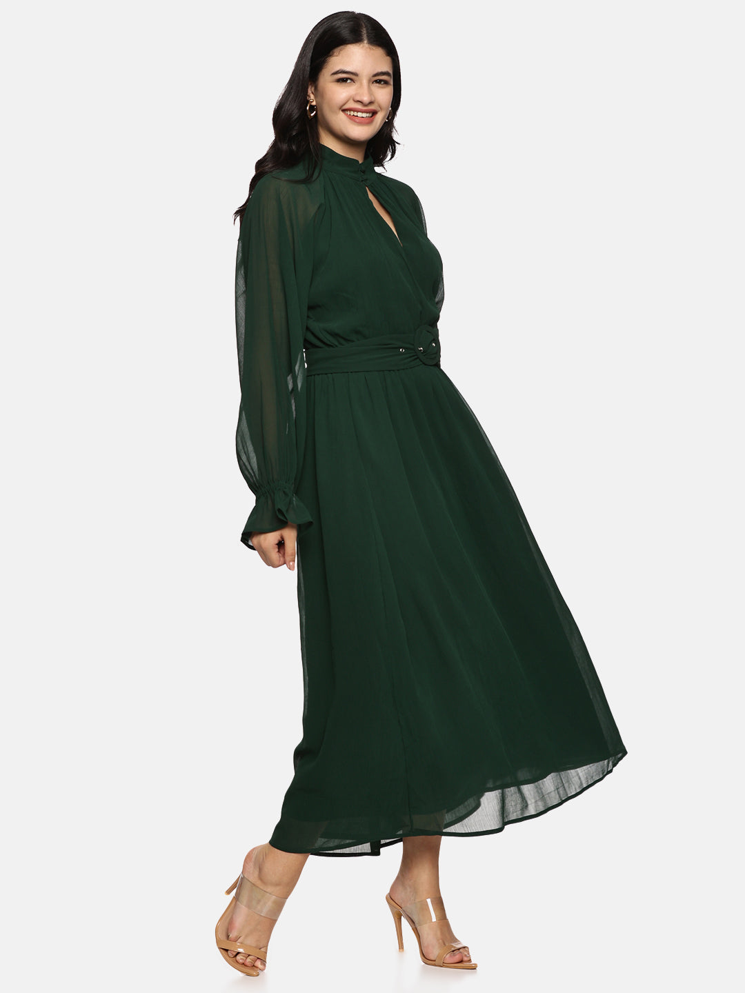 Green Belted Blouson Sleeve Dress,