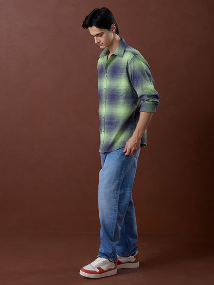 Green Regular Fit Checked Casual Cotton Shirt for Men (LALIN)