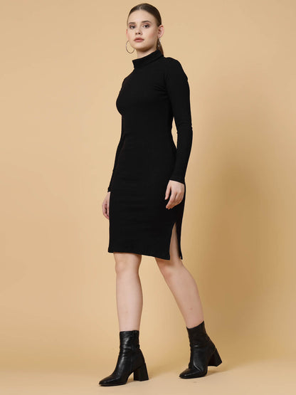 Women Black Cotton High Neck Long Sleeve Slim Fit Side Slit Midi Dress