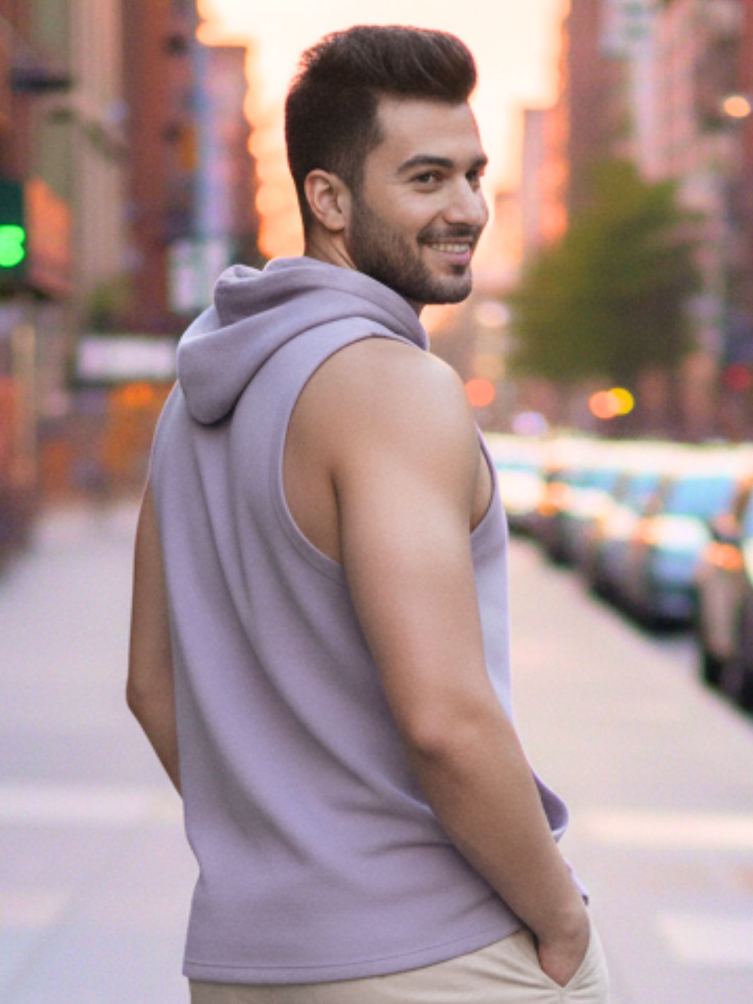 Men Light Purple Sleeveless Cotton Solid Hooded Kangaroo Pocket T-shirt