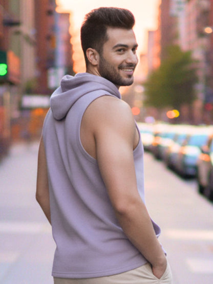 Men Light Purple Sleeveless Cotton Solid Hooded Kangaroo Pocket T-shirt