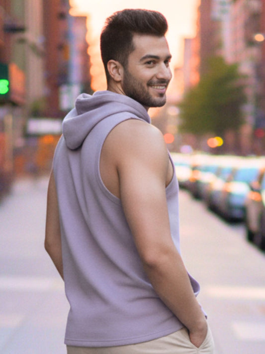 Men Light Purple Sleeveless Cotton Solid Hooded Kangaroo Pocket T-shirt
