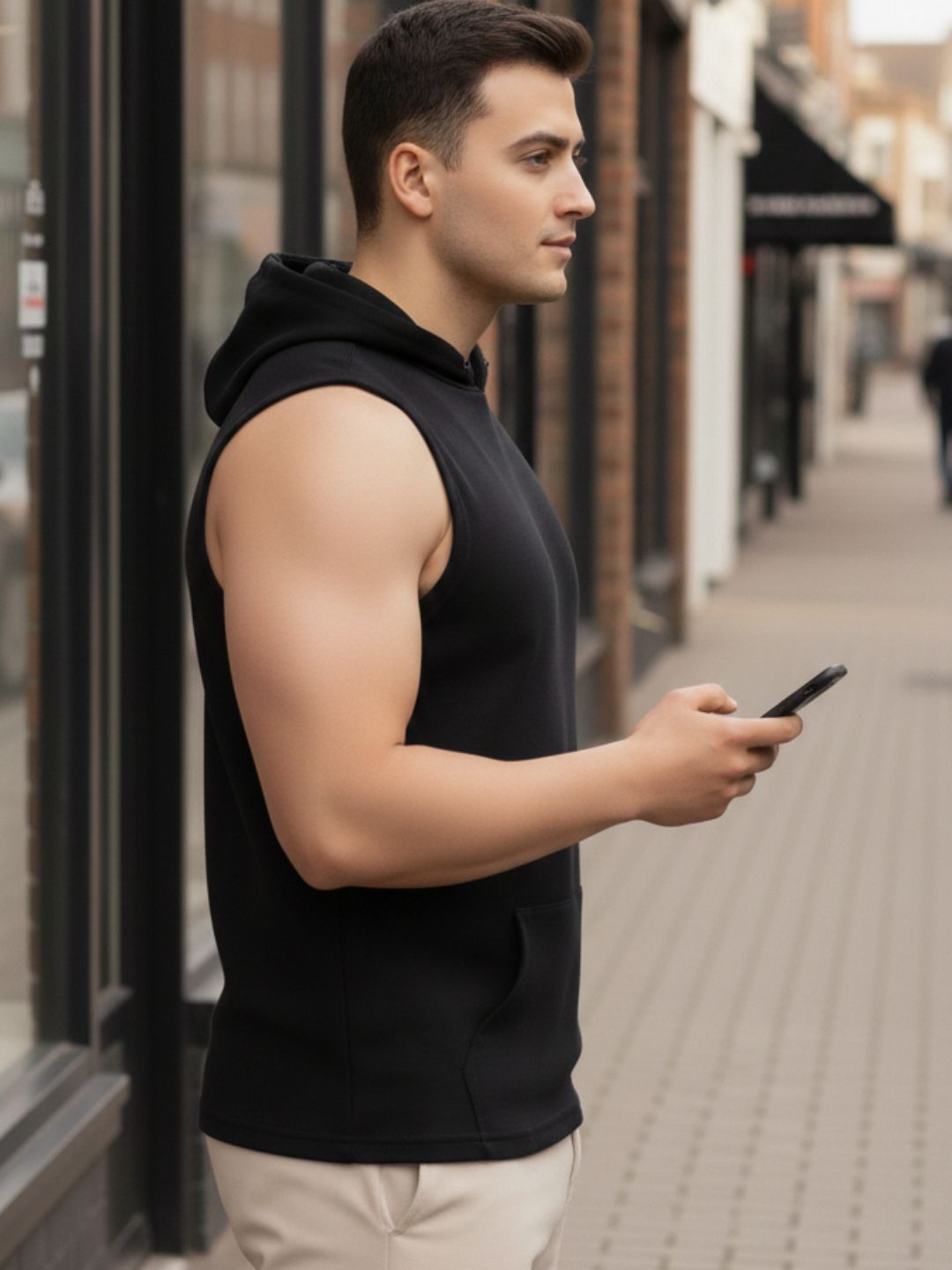 Men Cotton Solid Print Black Sleeveless Hooded Kangaroo Pocket Sports T-shirt