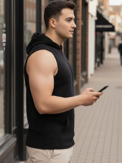 Men Cotton Solid Print Black Sleeveless Hooded Kangaroo Pocket Sports T-shirt
