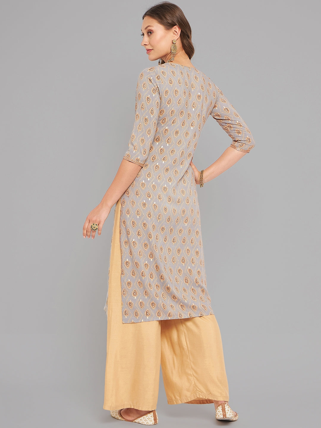 Women Grey Ethnic Motifs Printed Kurta With Piping Krya