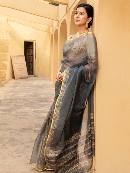 Grey Palm Tree Organza Saree