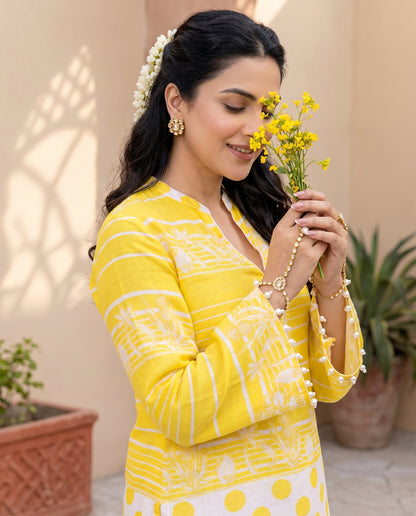 Yellow Stripe & Polka Kurta Set
