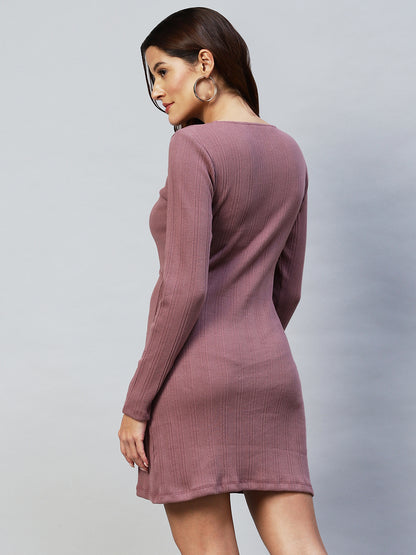 Women Mauve Cotton Round Neck Full Sleeves Cut-Out Bodycon Mini Dress