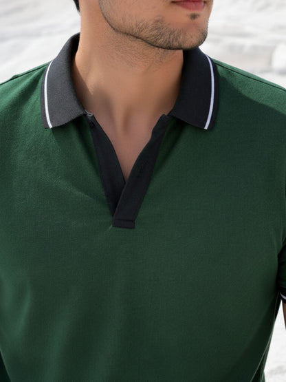 Men Solid Bottle Green Polo Collar Regular Fit Half Sleeve Cotton T-Shirt