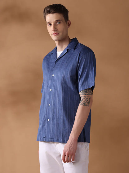 Navy Blue Regular Fit Stripes Casual Shirt for Men (NAZAR)