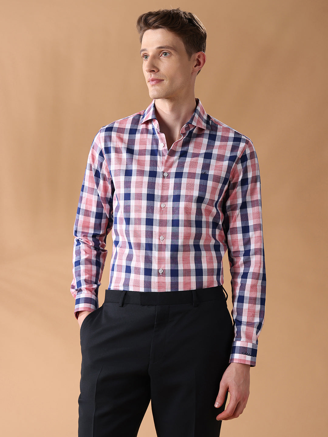 Pink Slim Fit Checked Formal Shirt for Men (CELEB)