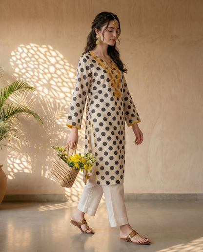 Off-White Polka Embroidered Kurta Set
