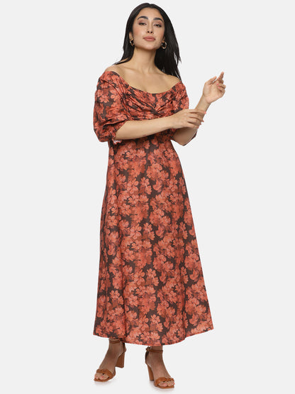 Buy Brown Printed Midaxi Dress For Women
