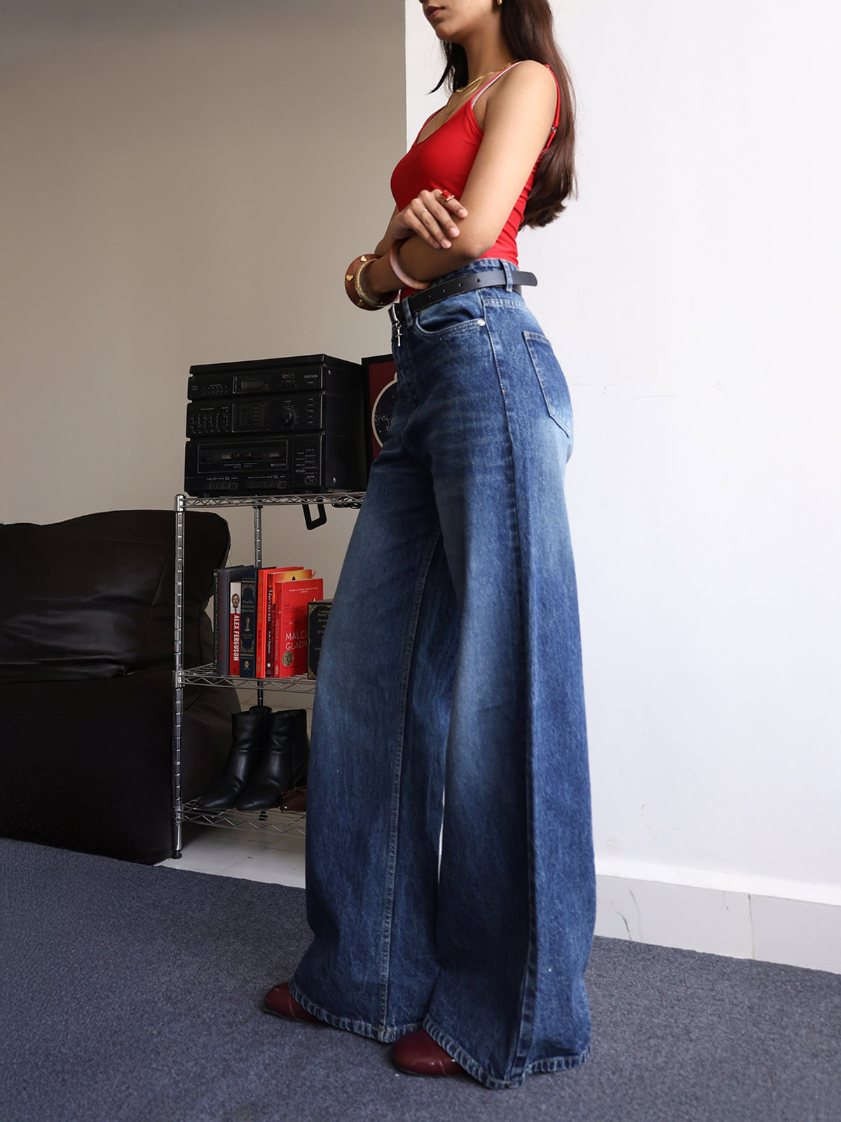 Dark Slate Blue Washed Super Wide Leg Jeans