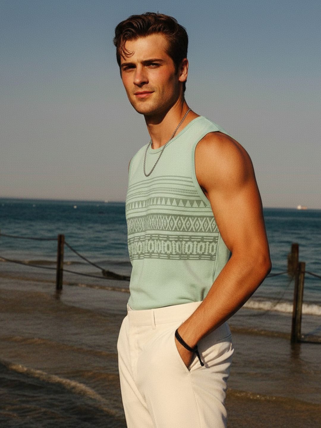 Men Graphic Print Cotton Sleeveless Round Neck Mint Color T-Shirt