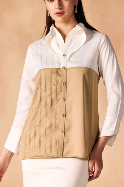 Two Tone Pintuck Pleated Button-up Satin Shirt