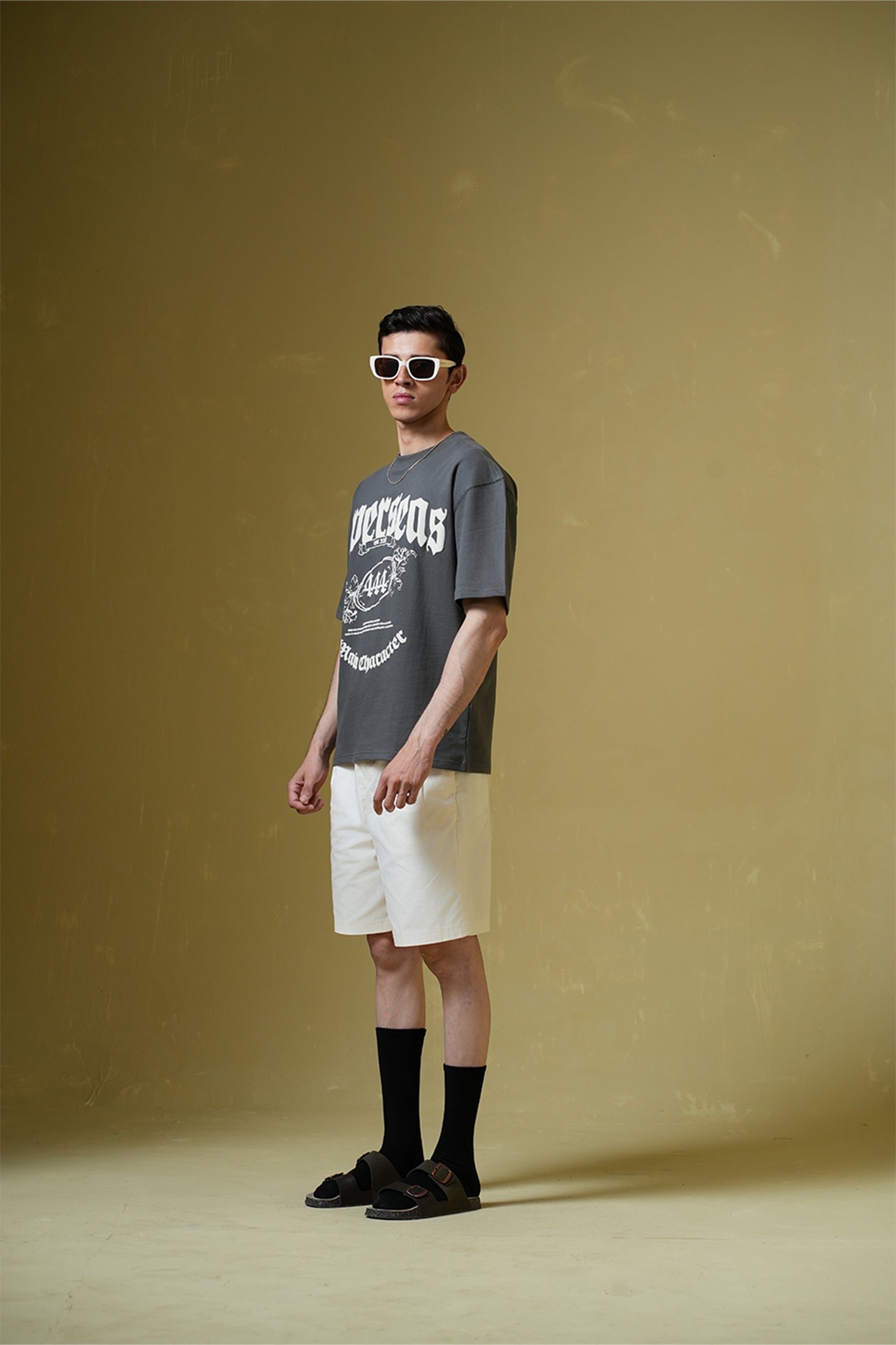 Overseas Printed Smokey Grey Oversized T-Shirt Main Character