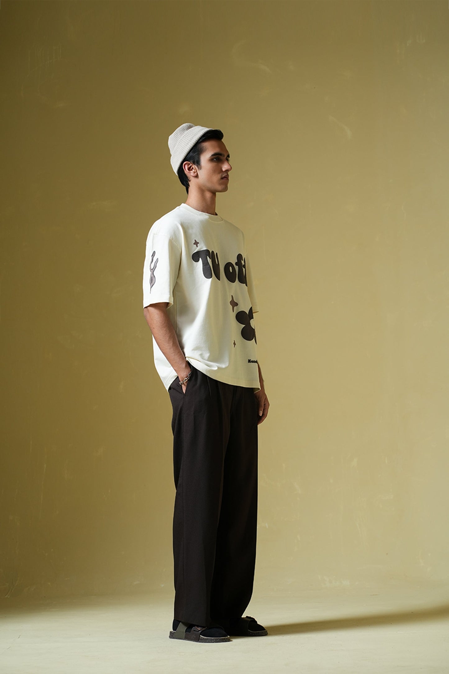 TV Off Printed Cream Oversized T-Shirt