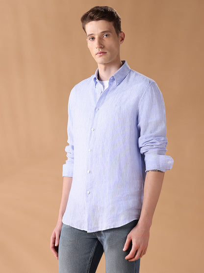 Blue Regular Fit Striped Casual Shirt for Men (LIBA)