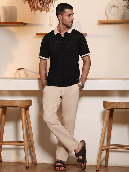 Black Textured Polo T-shirt with Contrast Tipping