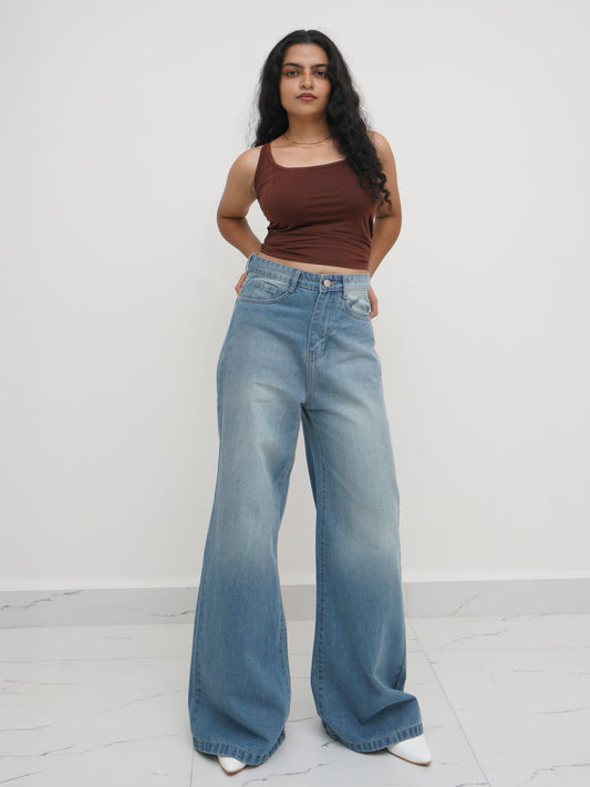 Faded Blue Washed Ultra Wide Leg Jeans