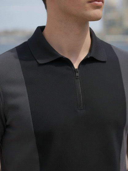 Men Black Polo Collar Colourblocked Cotton Half Sleeve Zipper T-shirt