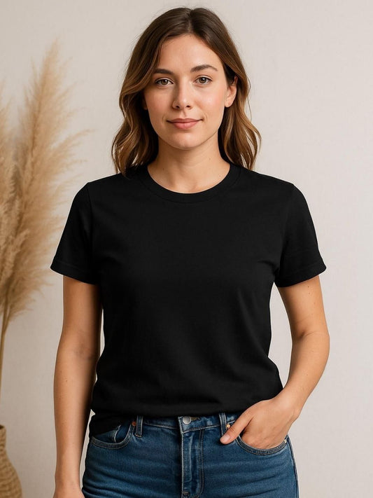 Womens Pack of 2 Black And Dark Grey Solid Cotton Round Neck Regular Fit T-Shirt