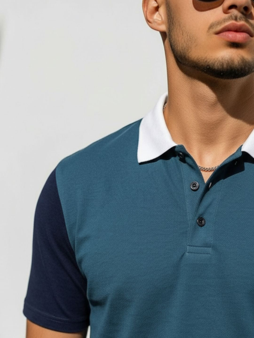 Men Colourblock Teal Blue Polo Neck Half Sleeve Cotton T-Shirt