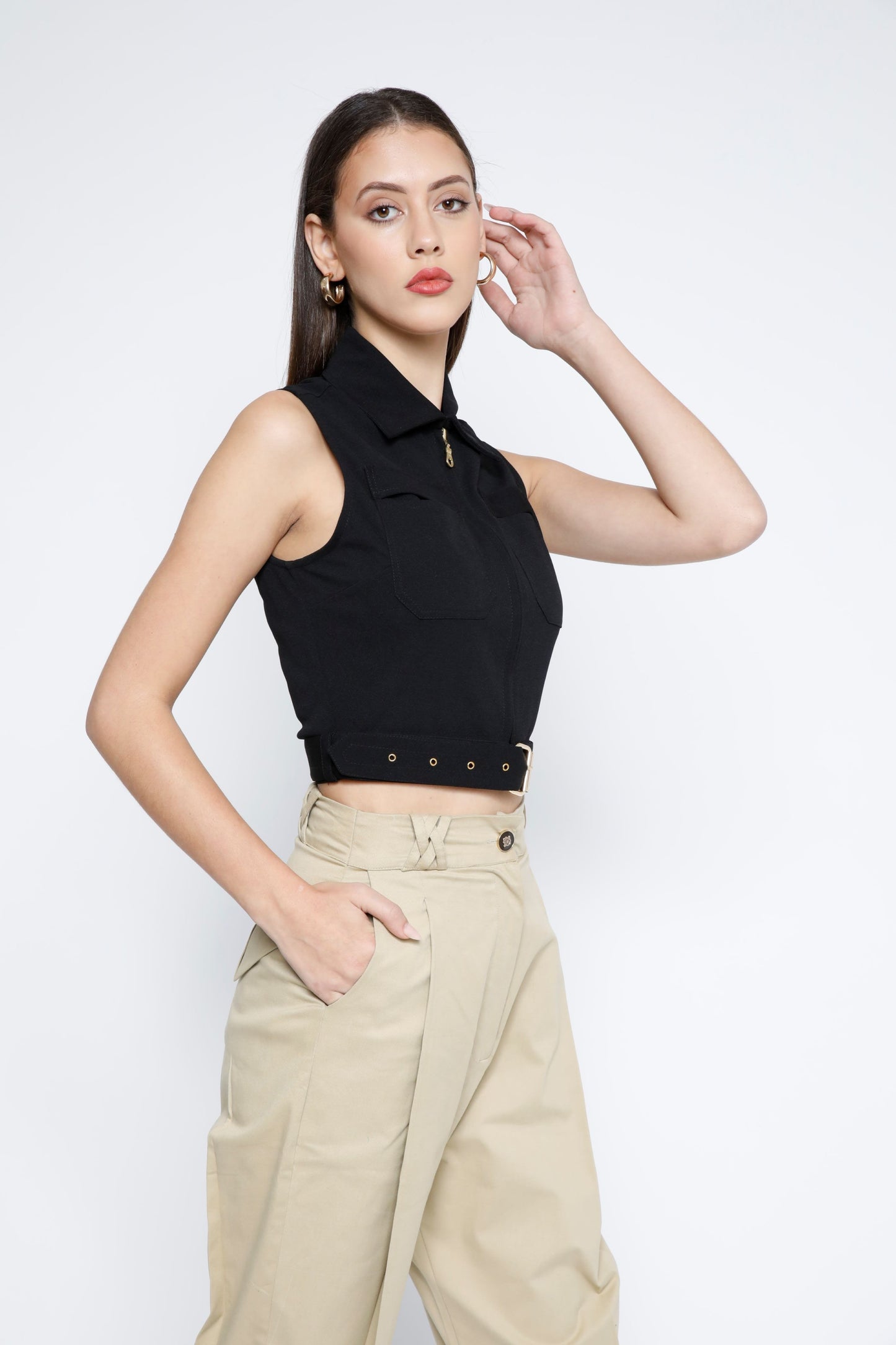 Gold Metal Zip Belted Crop Top -Black Beauty