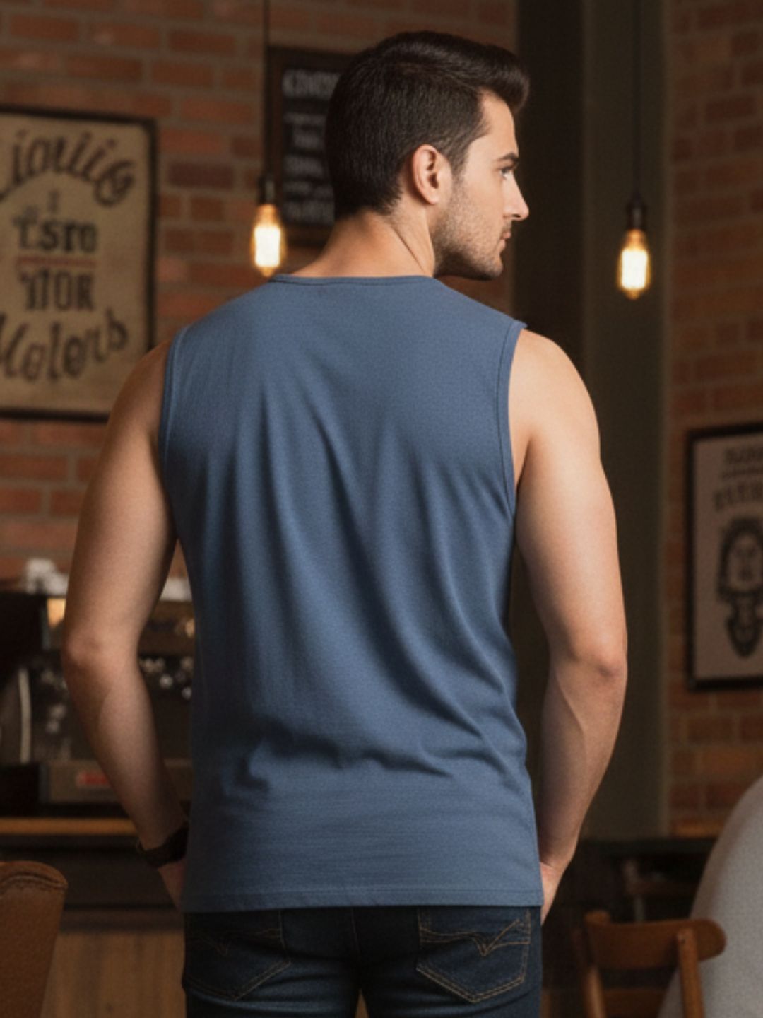 Men Regular Fit Blue Sports Graphic Printed Cotton Sleeveless Dry move T-Shirt