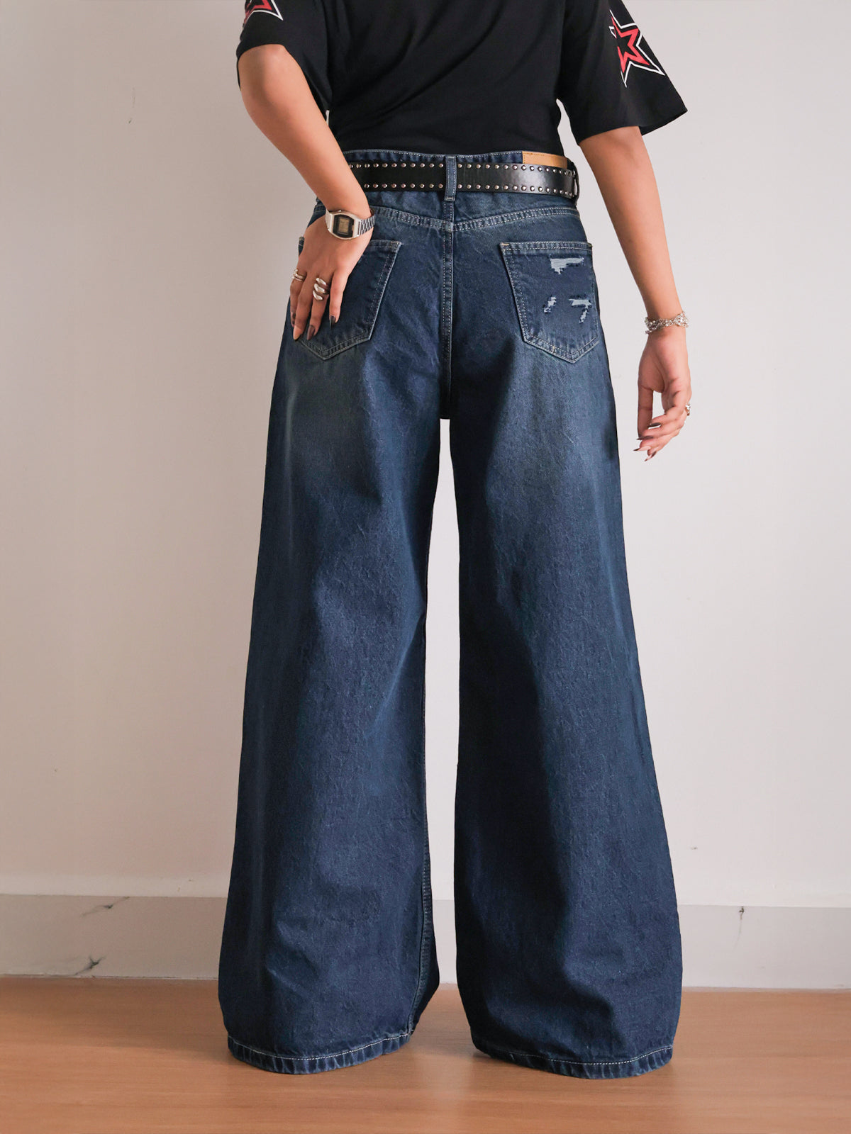 Deep Ocean Blue Ripped Ultra Wide Leg Jeansâ€¨â€¨