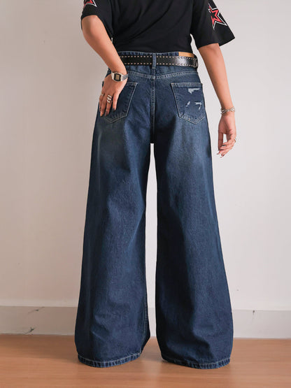 Deep Ocean Blue Ripped Ultra Wide Leg Jeansâ€¨â€¨