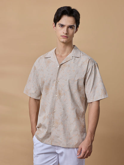 Beige Regular Fit Printed Casual Cotton Shirt for Men (LINDO)